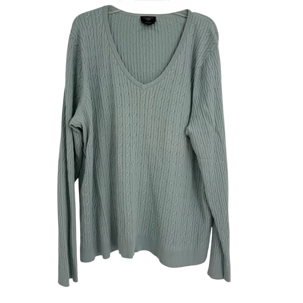 Talbots Woman Size 2X Sweater green Pullover Long Sleeve. Cable Knit Pima Cotton